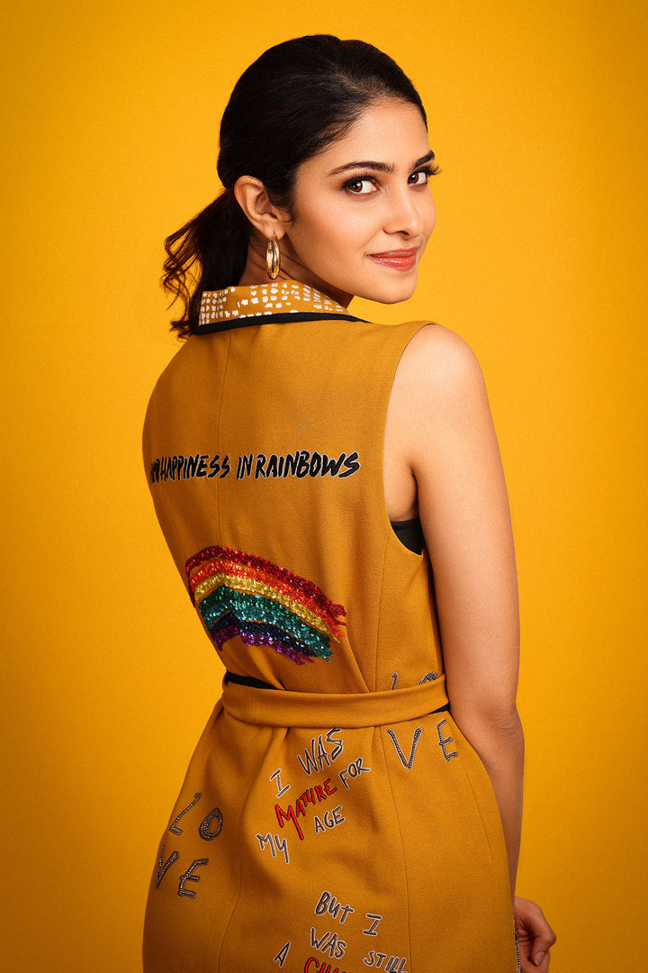 Manasa Varanasi in Happiness in Rainbow Wrap Jacket Dress With Belt