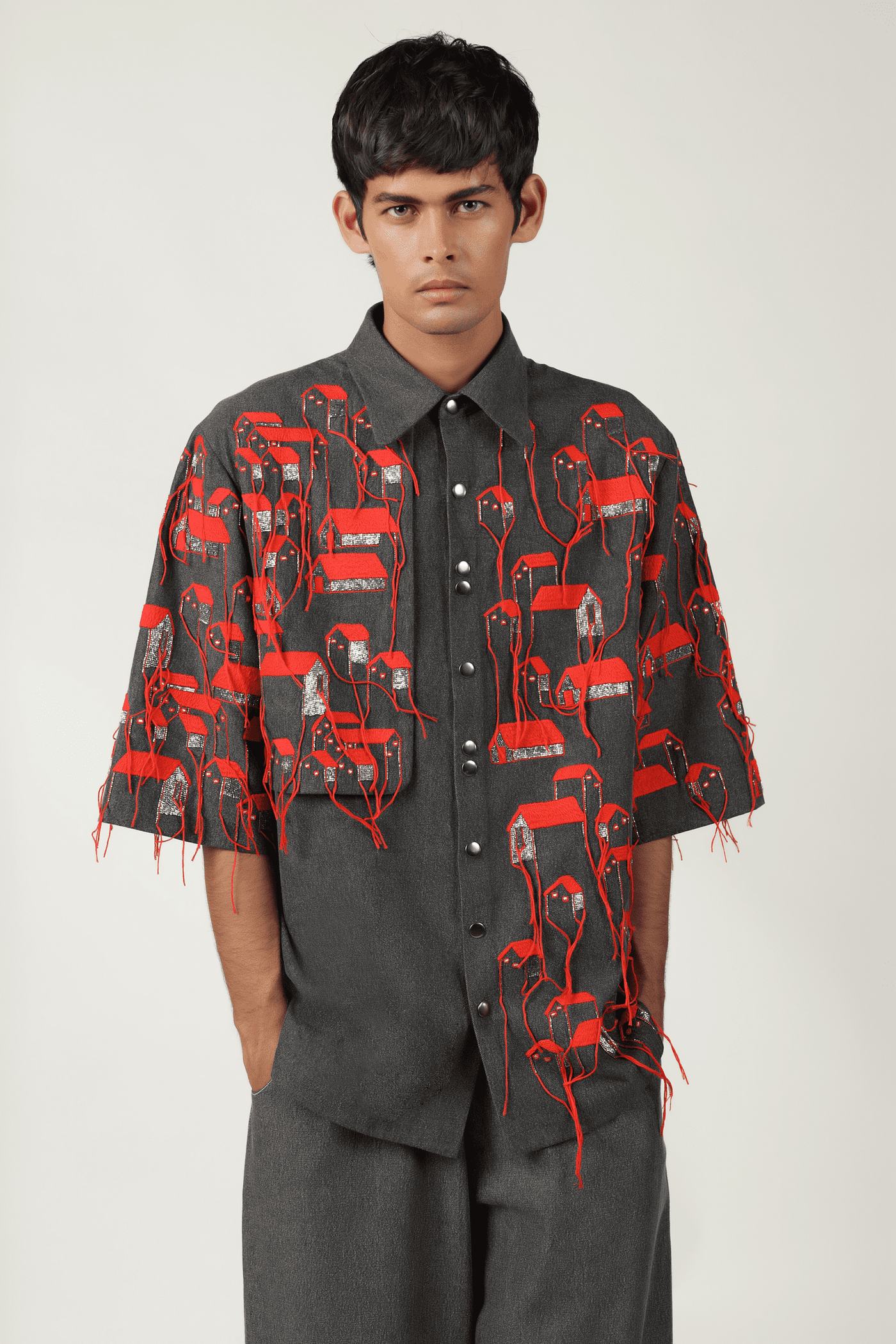 Tiny Houses Flap High-Low Oversized Shirt With Pants And Cap