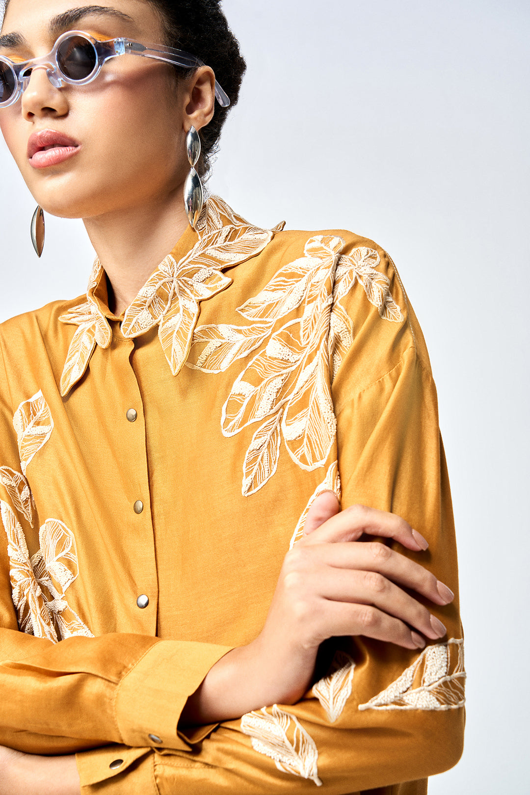 DELICATE LEAVES DROP SHOULDER ASYMMETRIC SHIRT WITH FLARED PANTS