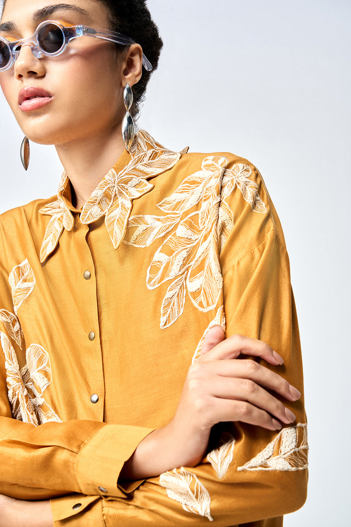 DELICATE LEAVES DROP SHOULDER ASYMMETRIC SHIRT WITH FLARED PANTS