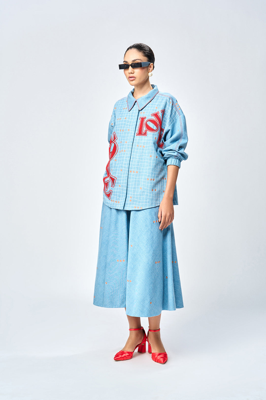 CIRCULAR SKIRT OF (LOVE CHECKS OVERSIZED JACKET )