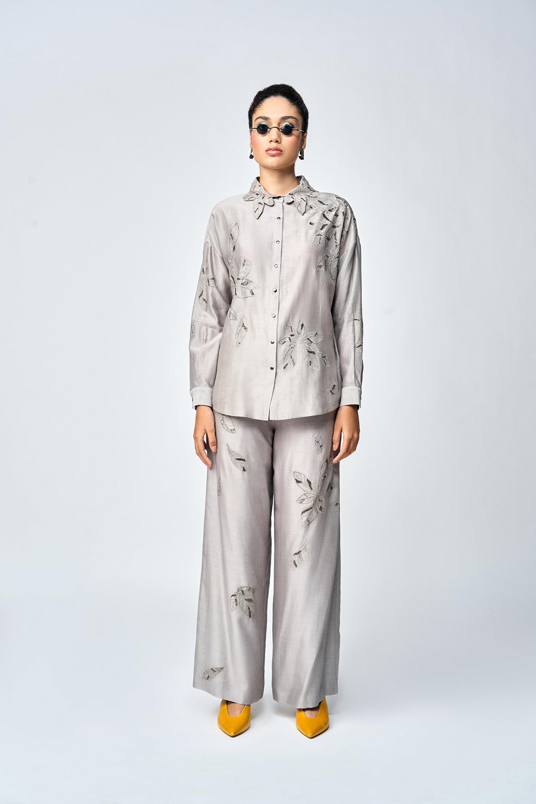 DELICATE LEAVES DROP SHOULDER ASYMMETRIC SHIRT