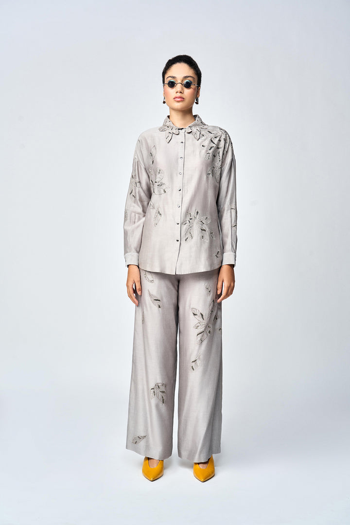 DELICATE LEAVES DROP SHOULDER ASYMMETRIC SHIRT