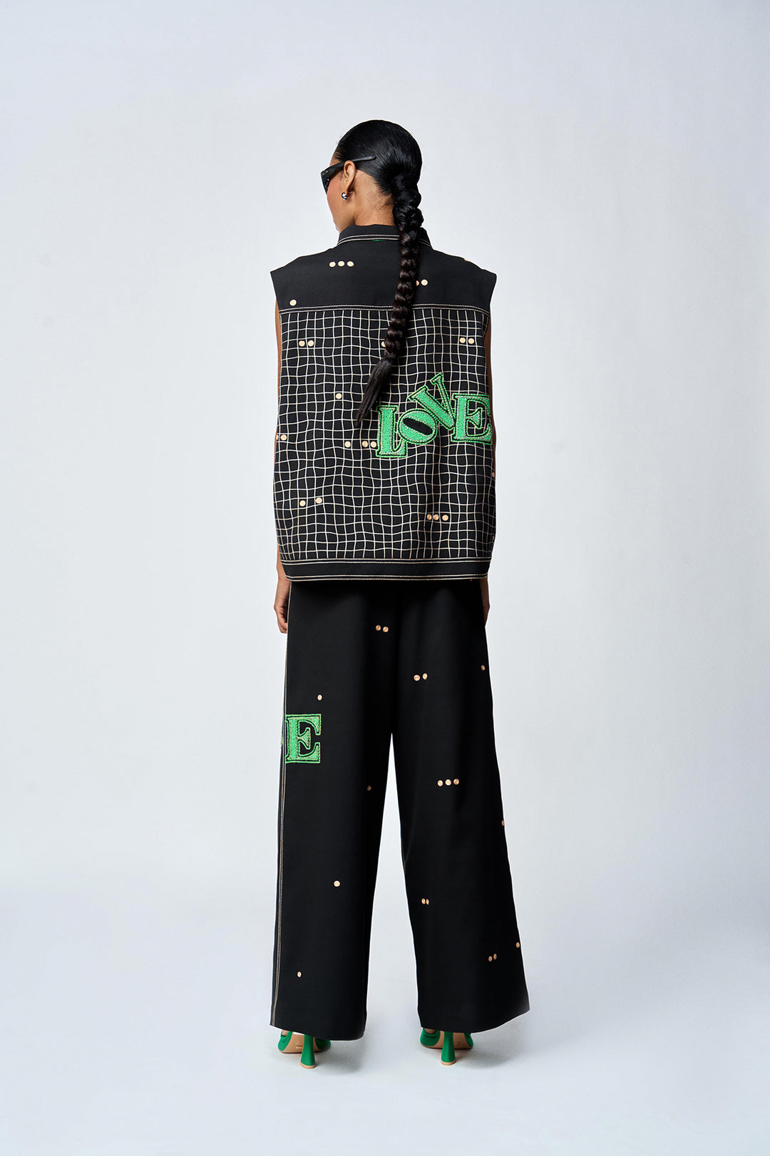 LOVE CHECKS VEST WITH FLARED PANTS