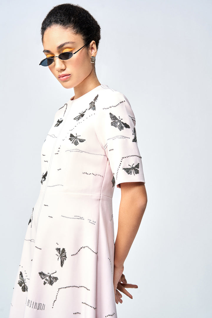 FUZZY BUTTERFLY EMBELLISHED MIDI DRESS