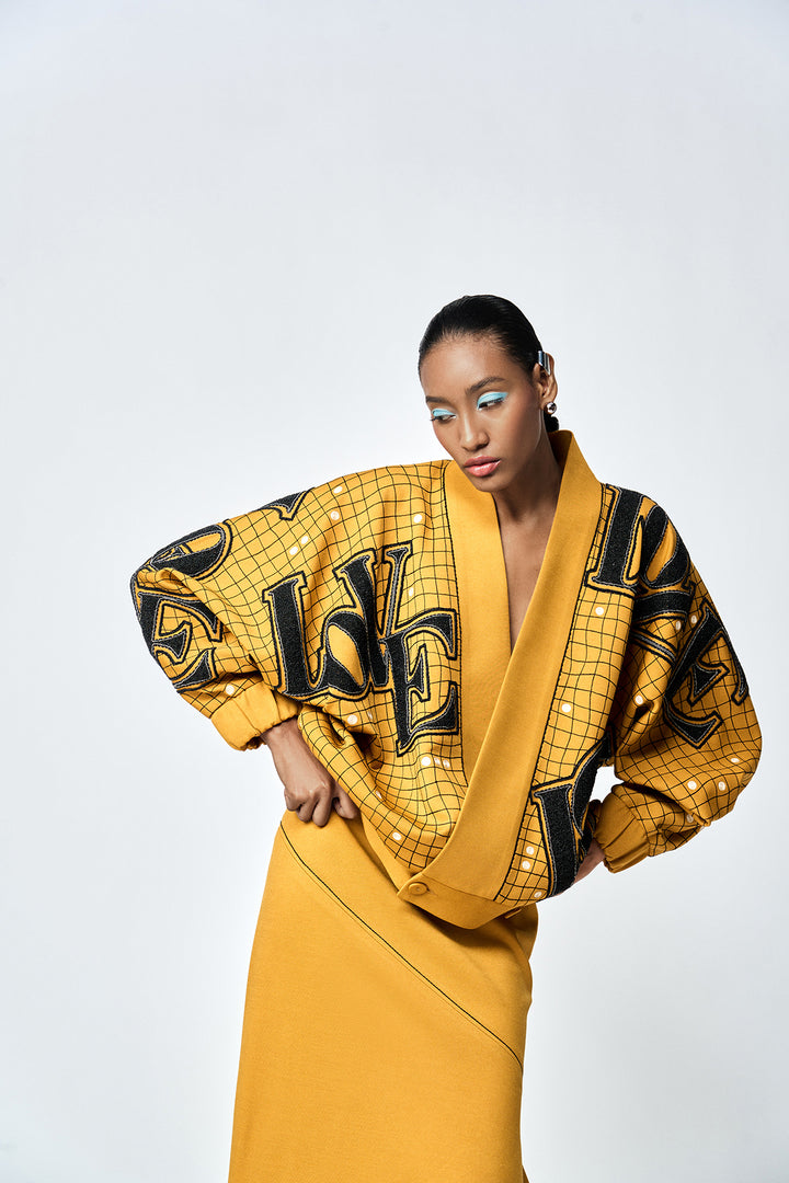 LOVE CHECKS KIMONO WITH ASYMMETRIC SKIRT