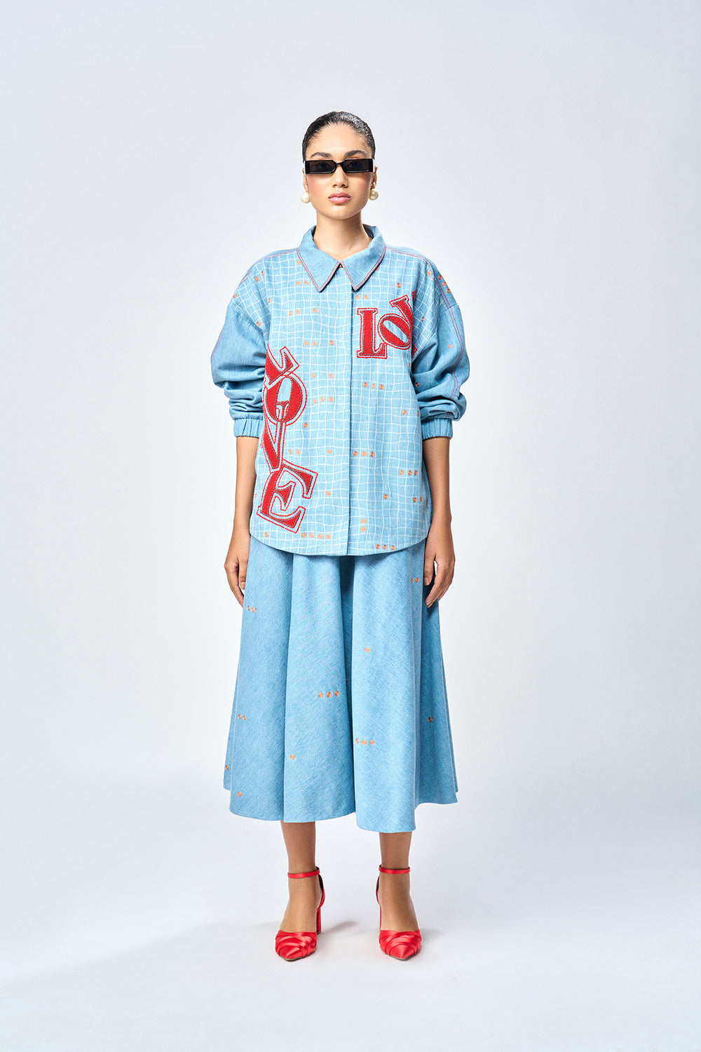 CIRCULAR SKIRT OF (LOVE CHECKS OVERSIZED JACKET )