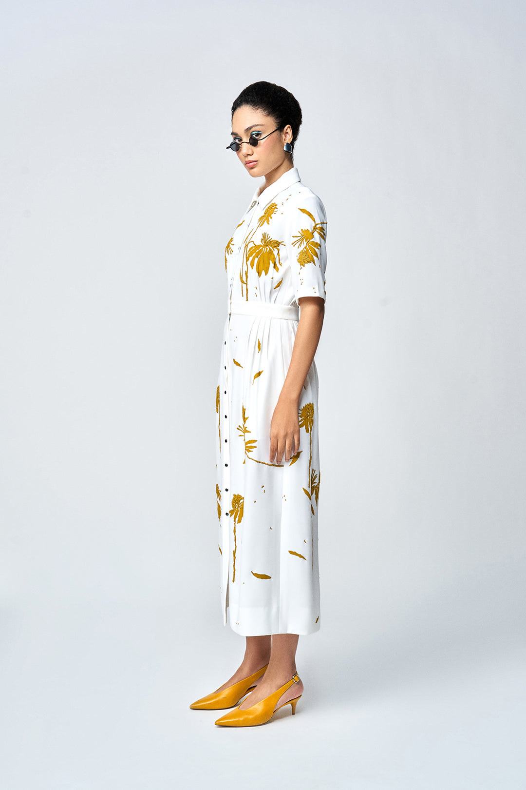 DAINTY LEAVES SIDE PLEATED LONG DRESS