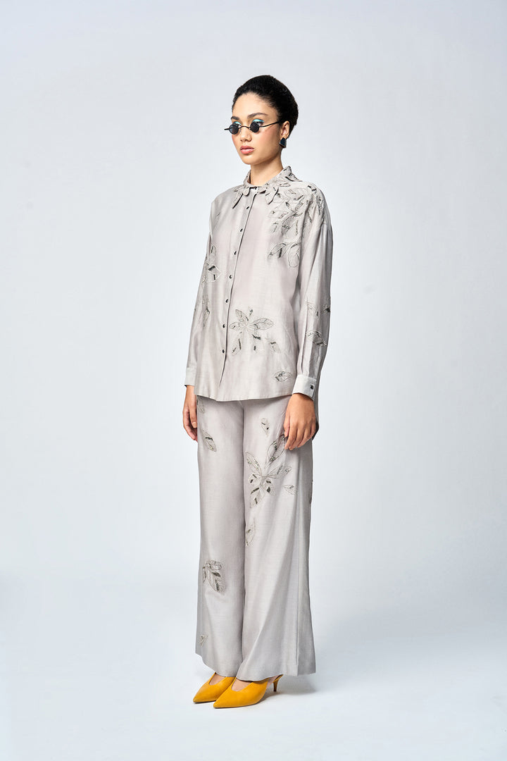 DELICATE LEAVES DROP SHOULDER ASYMMETRIC SHIRT