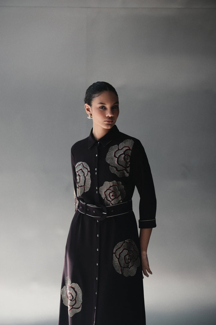 GEOMETRIC ROSES LONG SHIRT DRESS WITH BUCKLE BELT