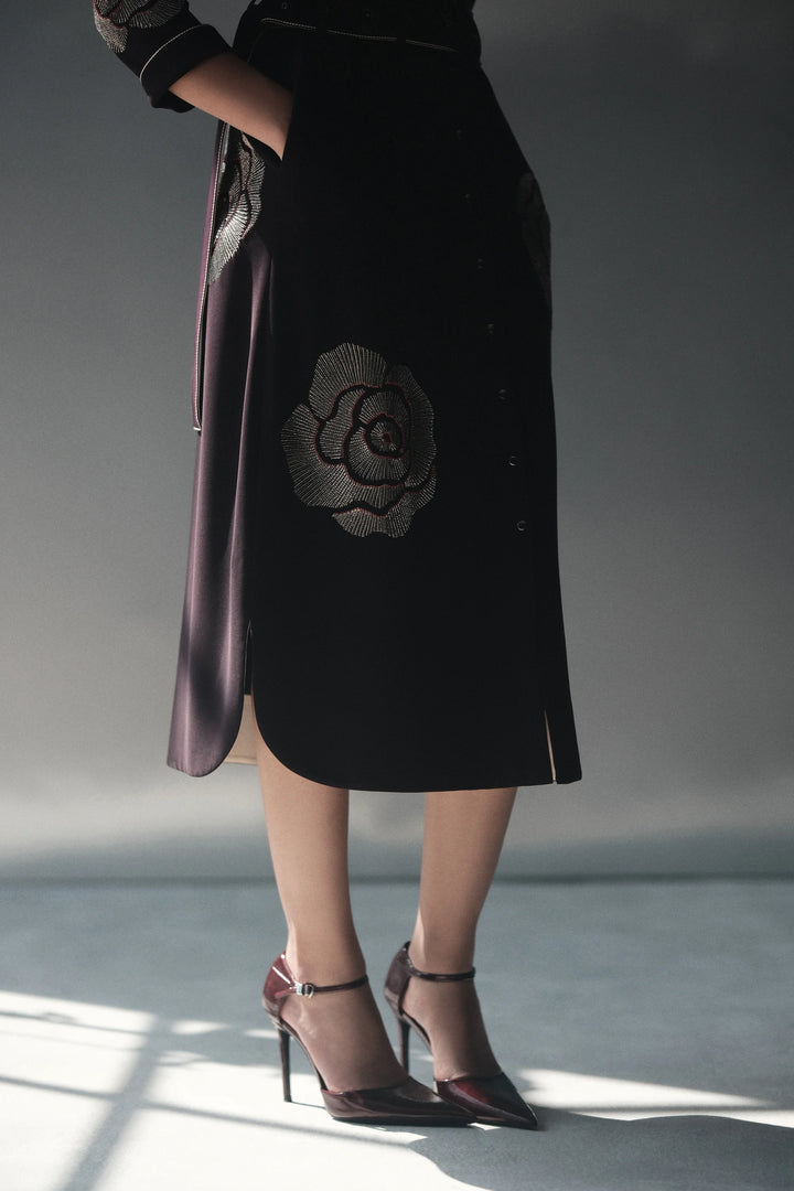 GEOMETRIC ROSES LONG SHIRT DRESS WITH BUCKLE BELT