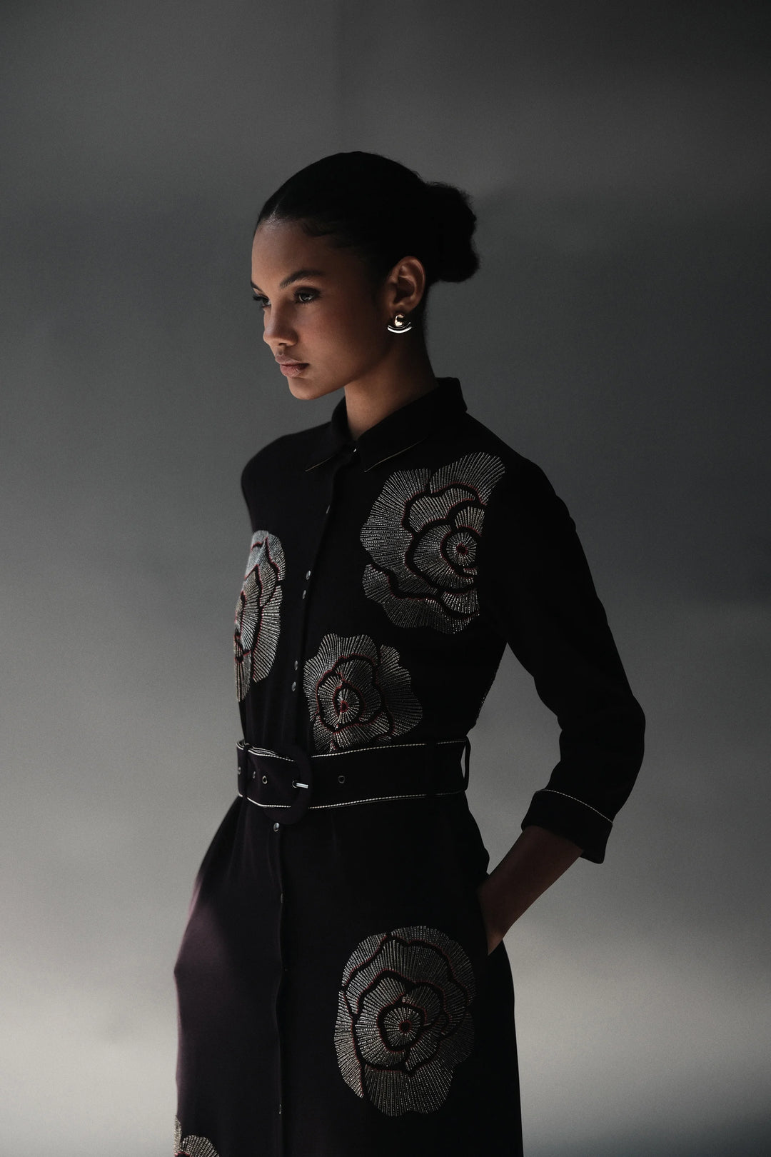 GEOMETRIC ROSES LONG SHIRT DRESS WITH BUCKLE BELT