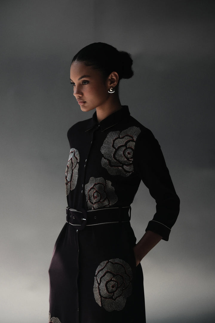 GEOMETRIC ROSES LONG SHIRT DRESS WITH BUCKLE BELT