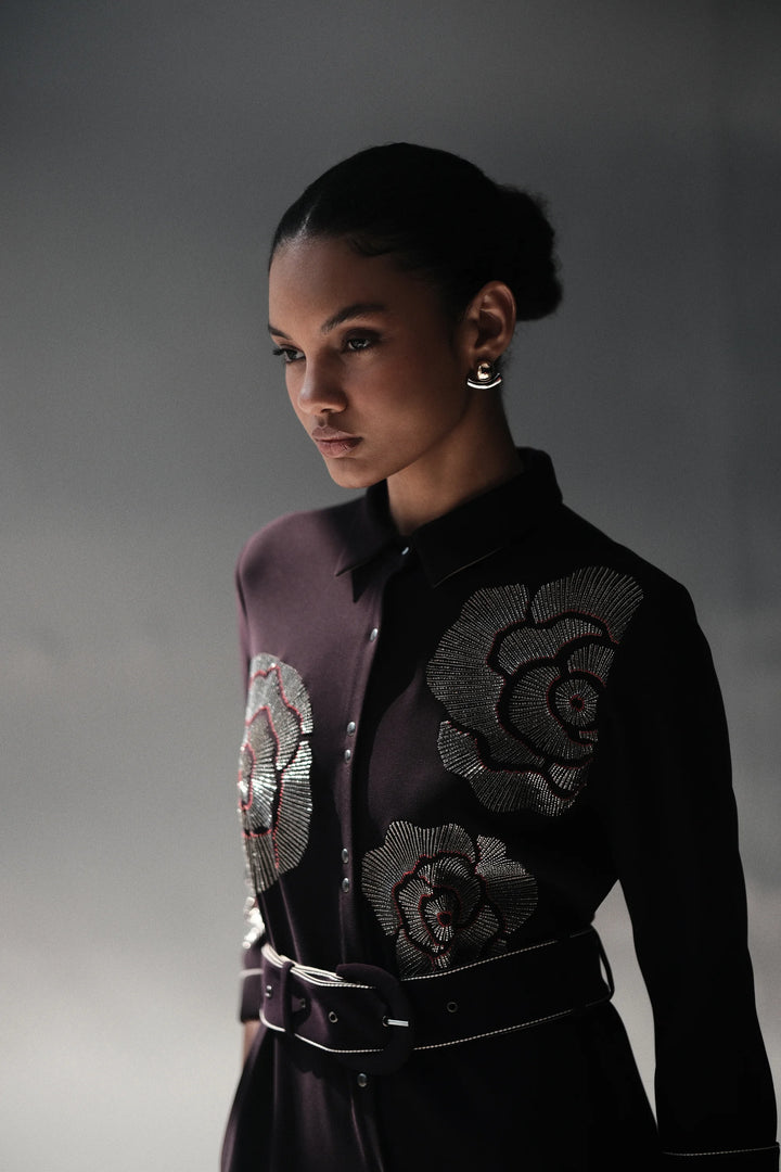 GEOMETRIC ROSES LONG SHIRT DRESS WITH BUCKLE BELT