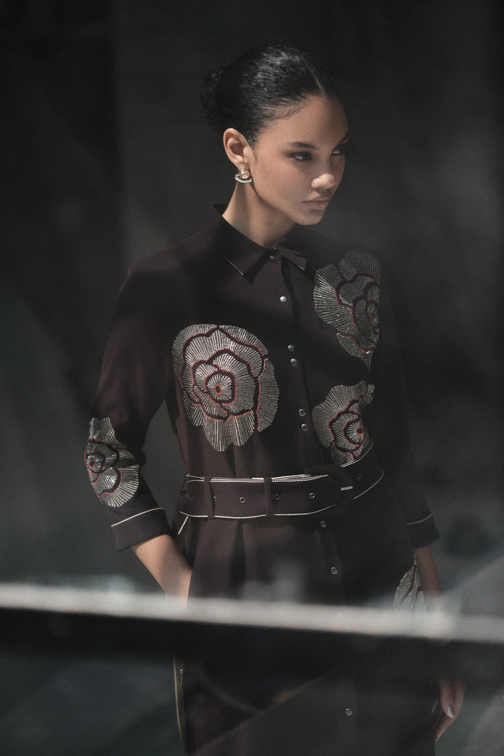 GEOMETRIC ROSES LONG SHIRT DRESS WITH BUCKLE BELT
