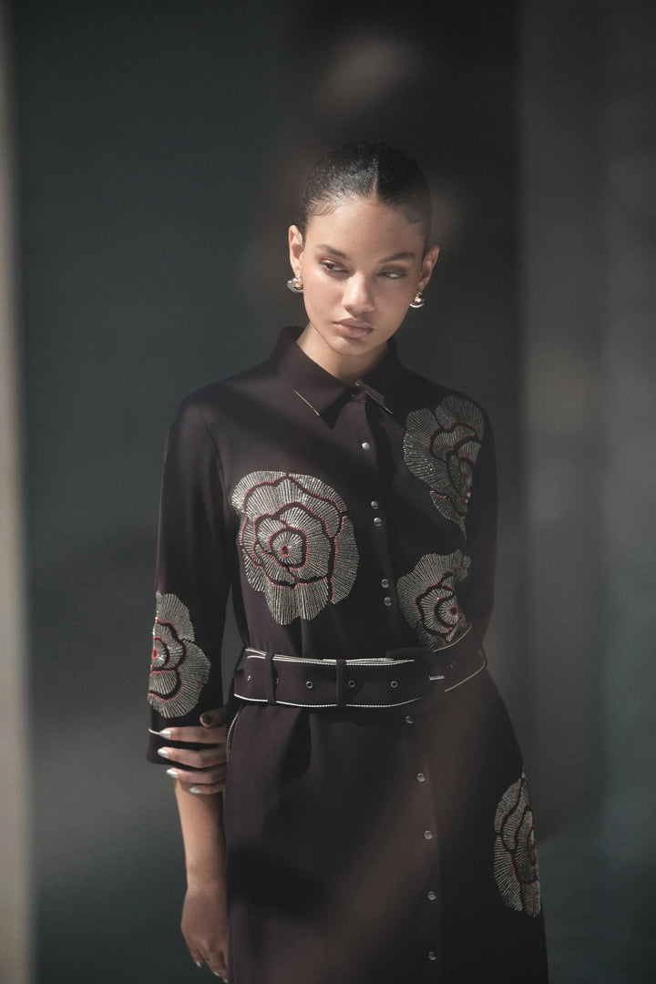GEOMETRIC ROSES LONG SHIRT DRESS WITH BUCKLE BELT