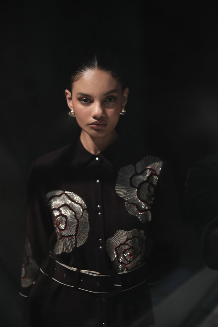 GEOMETRIC ROSES LONG SHIRT DRESS WITH BUCKLE BELT