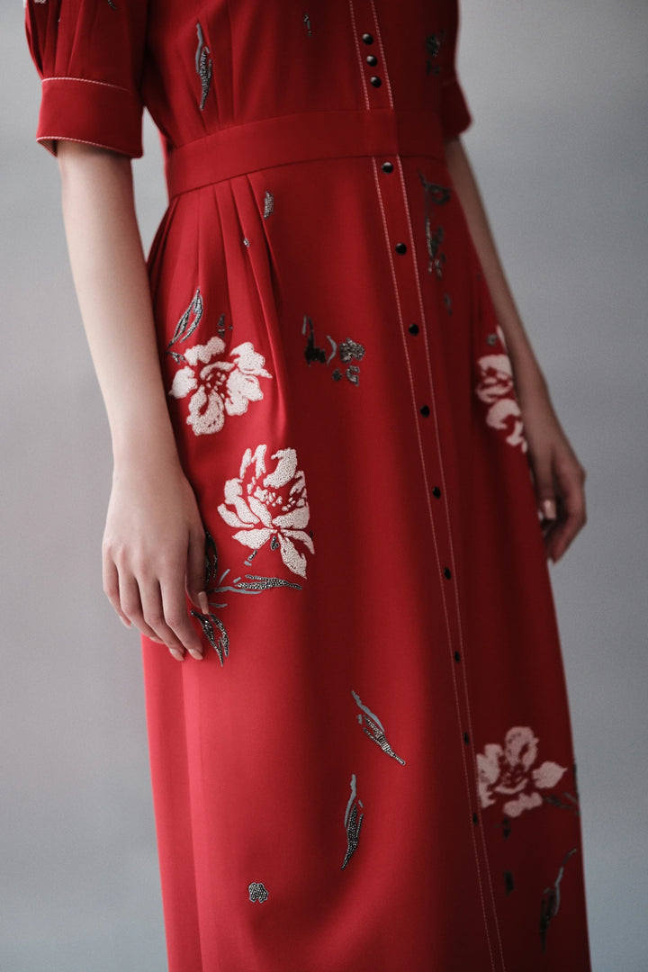 PEONIES SIDE PLEATED LONG DRESS