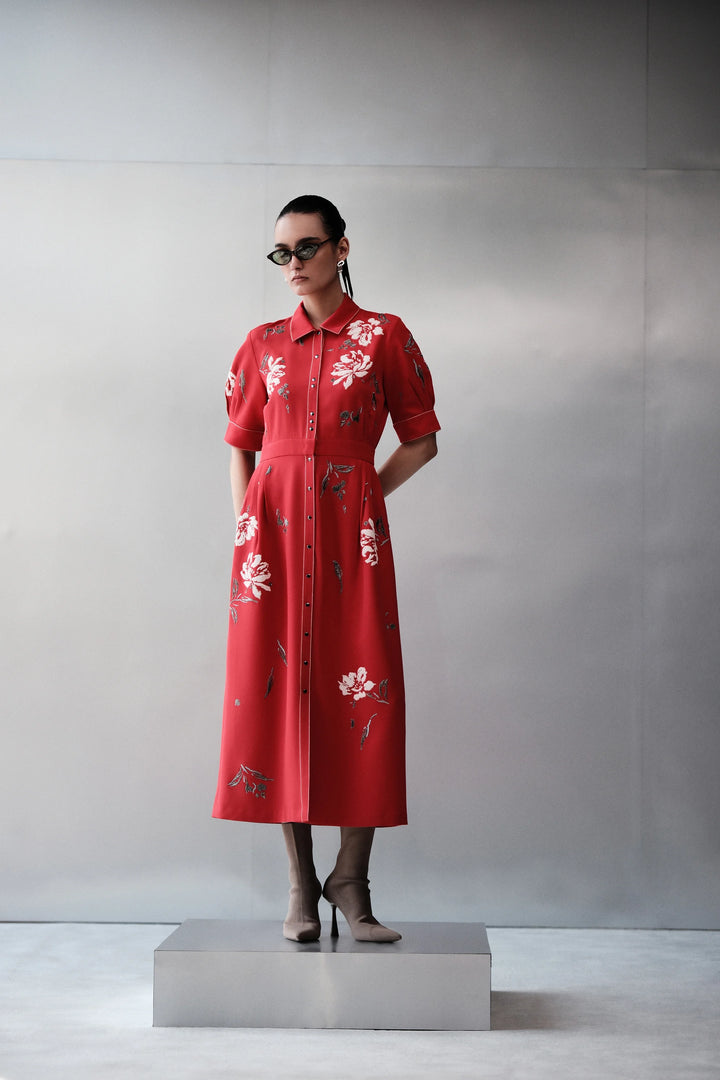 PEONIES SIDE PLEATED LONG DRESS