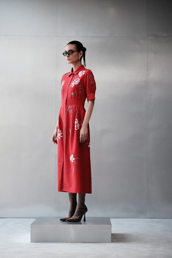 PEONIES SIDE PLEATED LONG DRESS