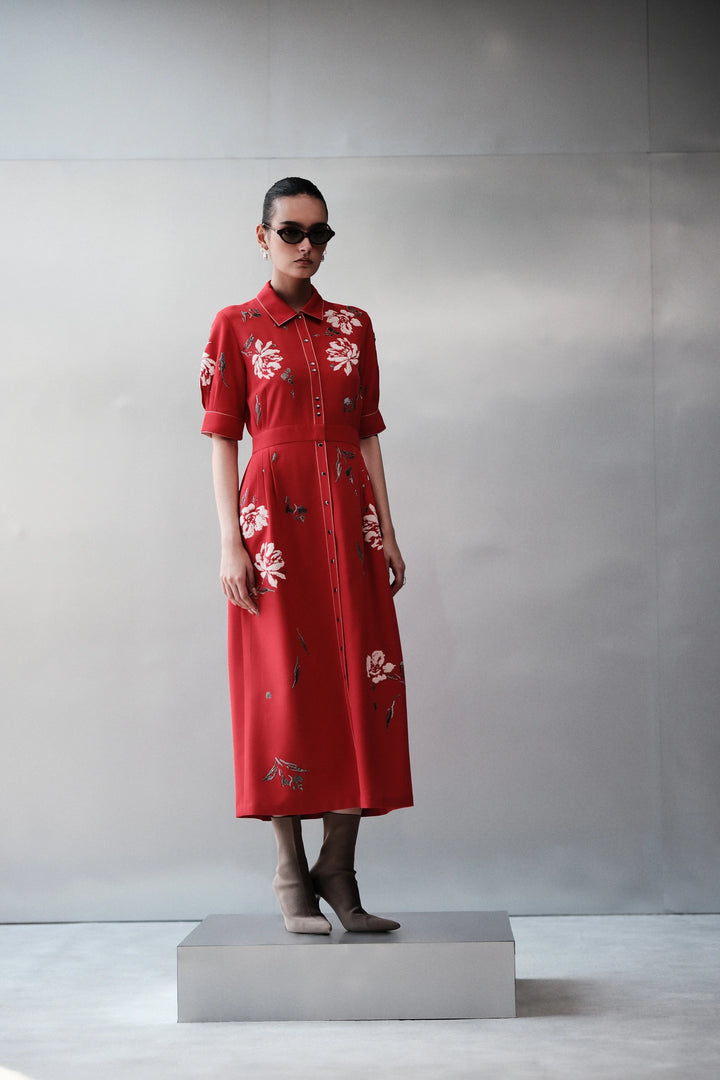 PEONIES SIDE PLEATED LONG DRESS