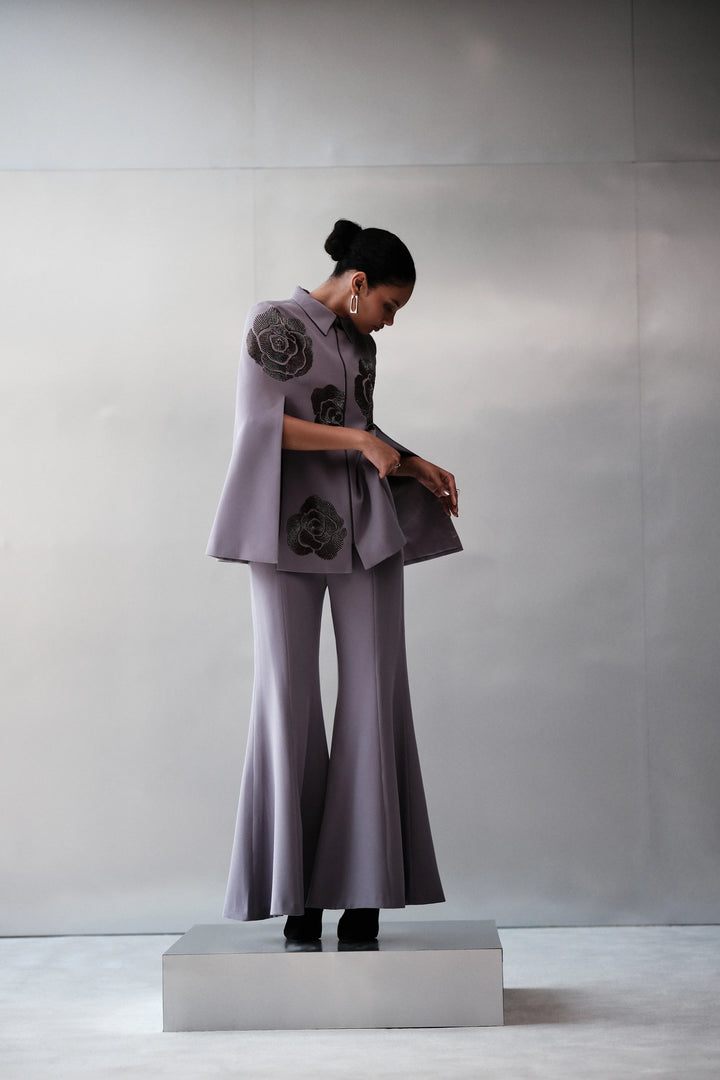 GEOMETRIC ROSES CAPE WITH BELL BOTTOM PANTS