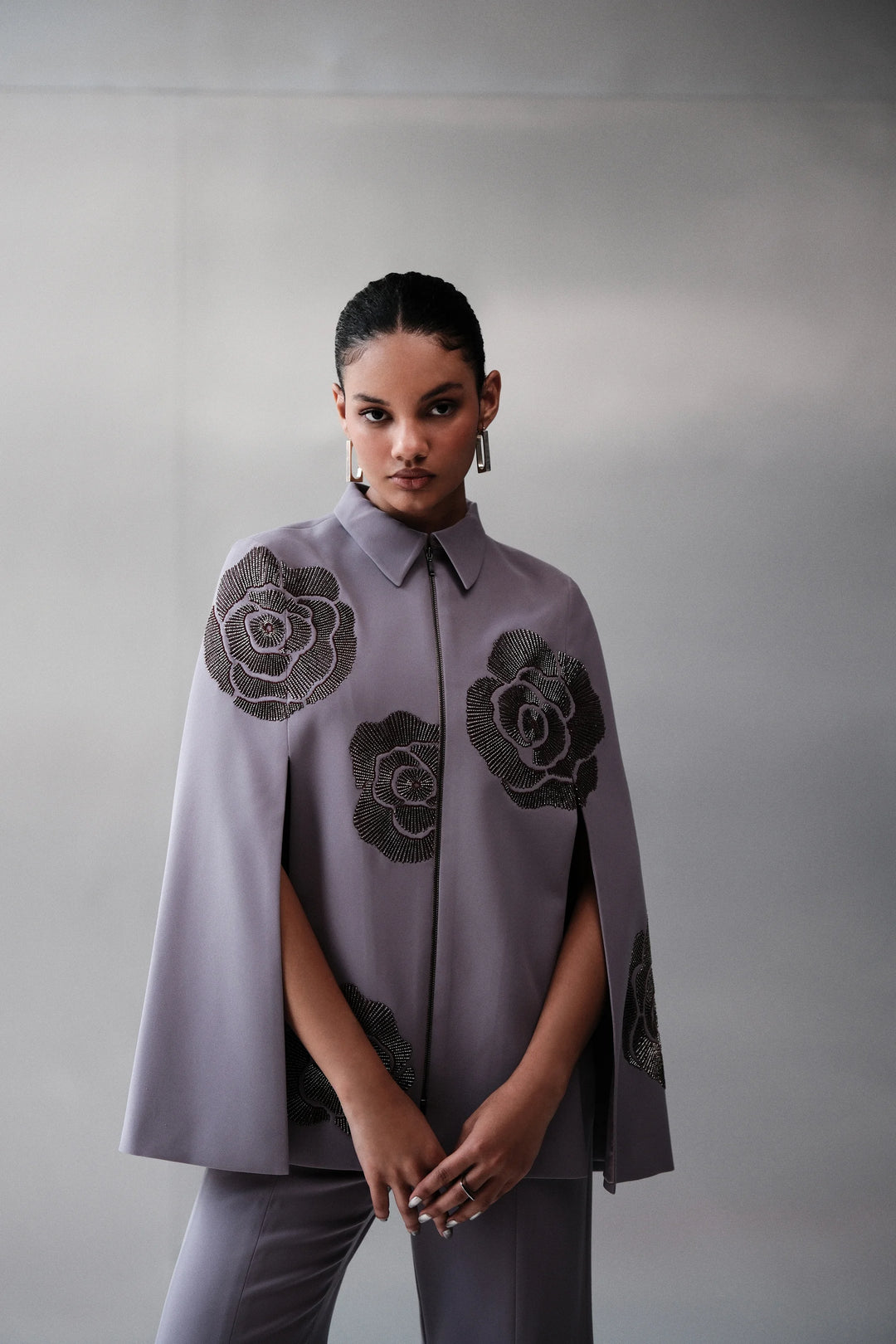GEOMETRIC ROSES CAPE WITH BELL BOTTOM PANTS