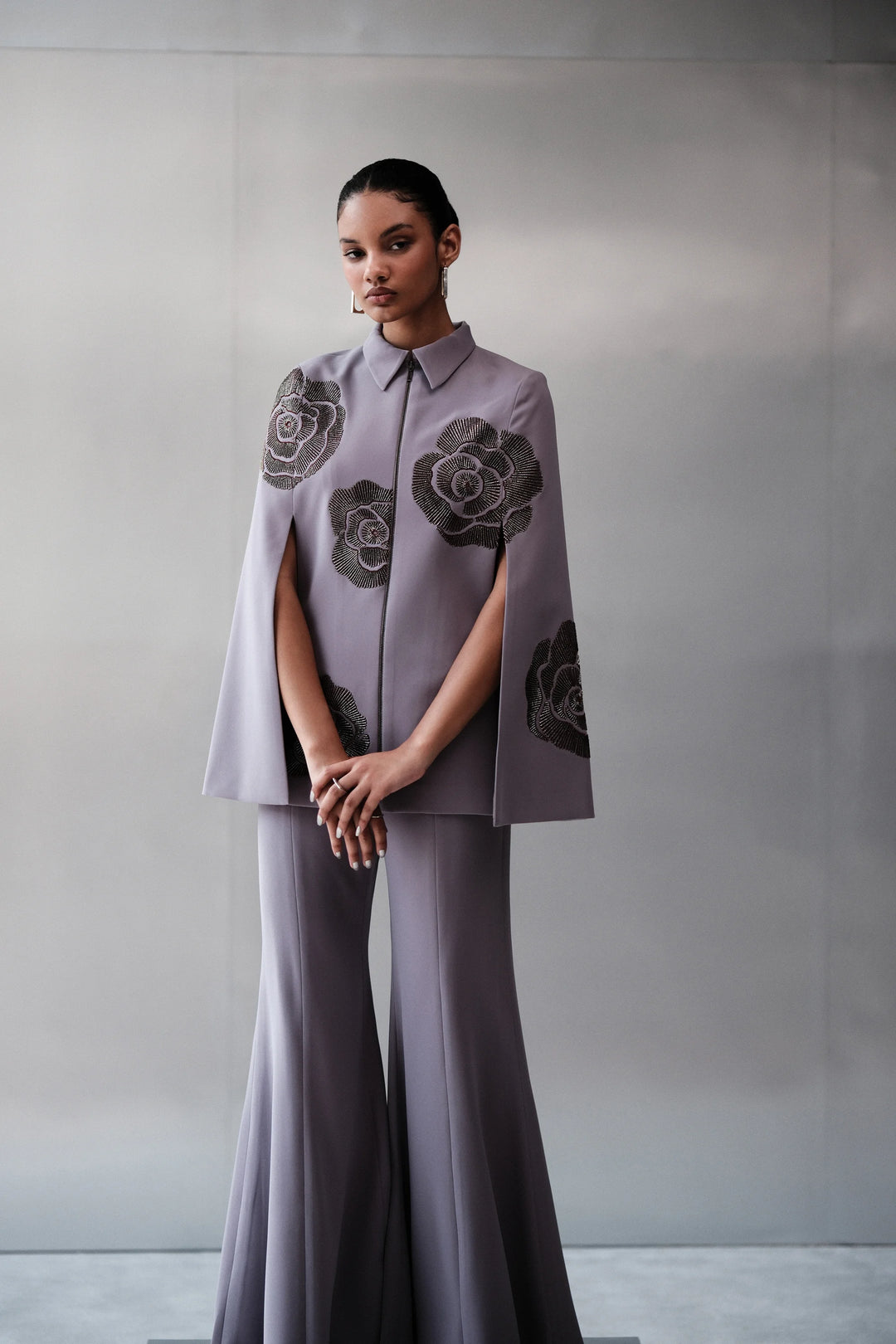 GEOMETRIC ROSES CAPE WITH BELL BOTTOM PANTS