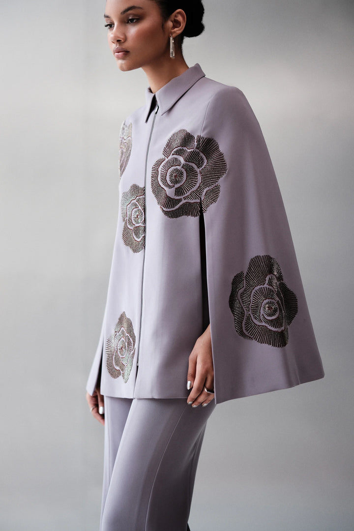GEOMETRIC ROSES CAPE WITH BELL BOTTOM PANTS