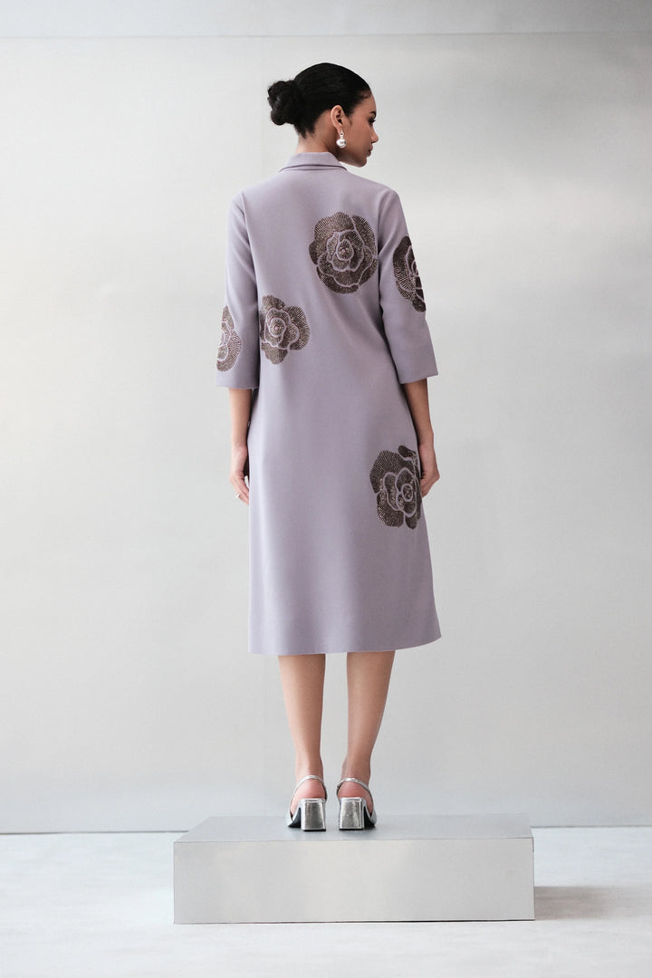 GEOMETRIC ROSES SHAWL COLLAR DRESS