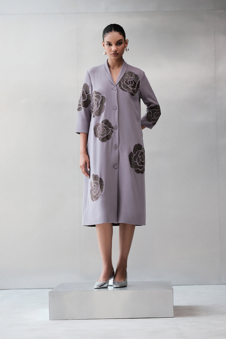 GEOMETRIC ROSES SHAWL COLLAR DRESS
