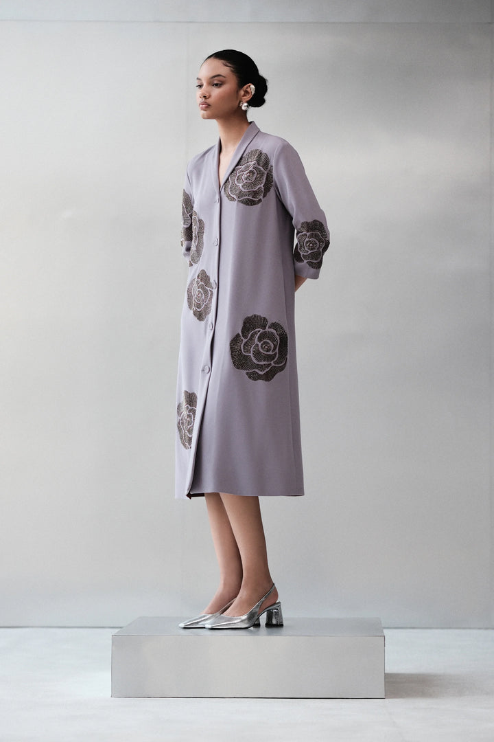 GEOMETRIC ROSES SHAWL COLLAR DRESS