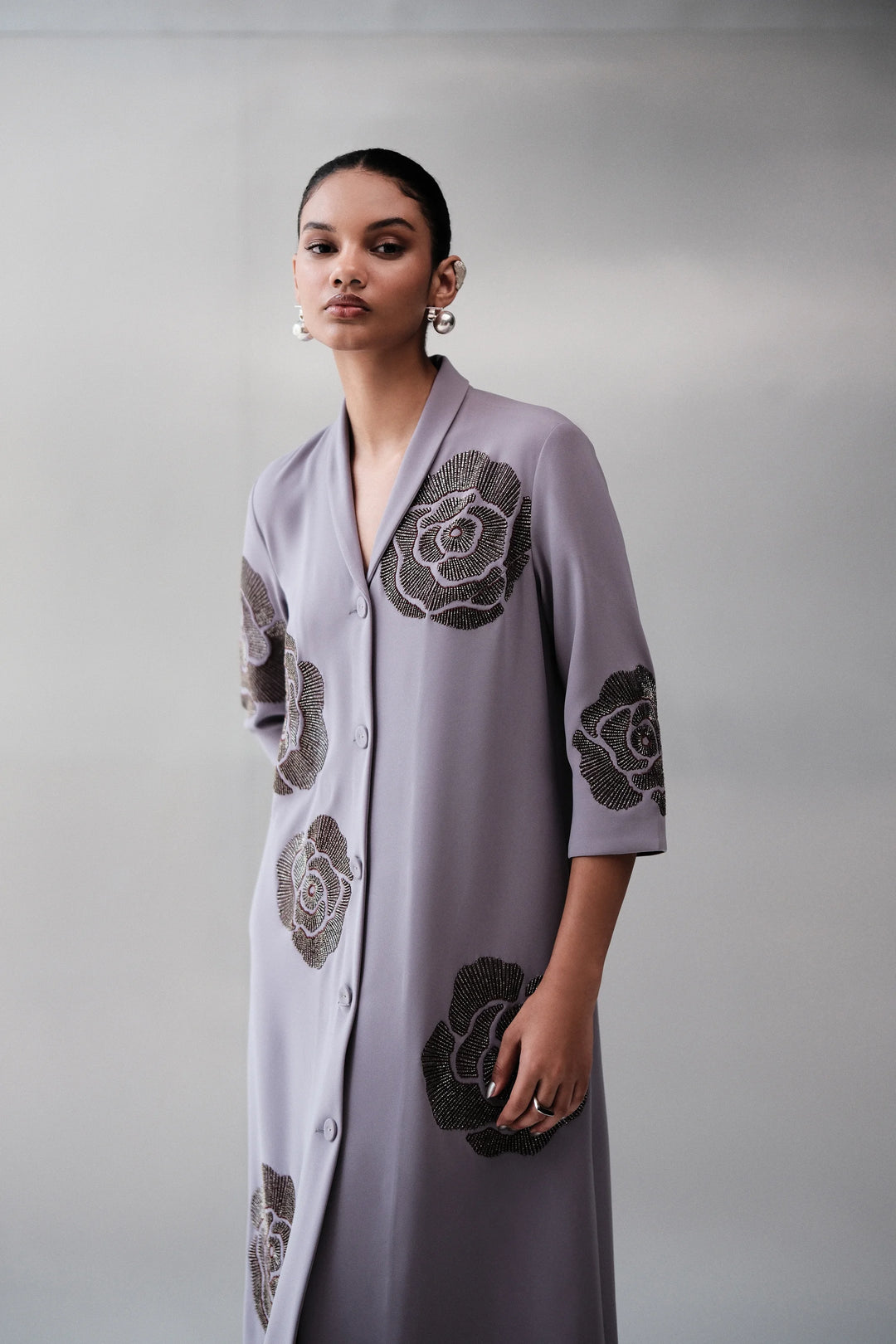 GEOMETRIC ROSES SHAWL COLLAR DRESS