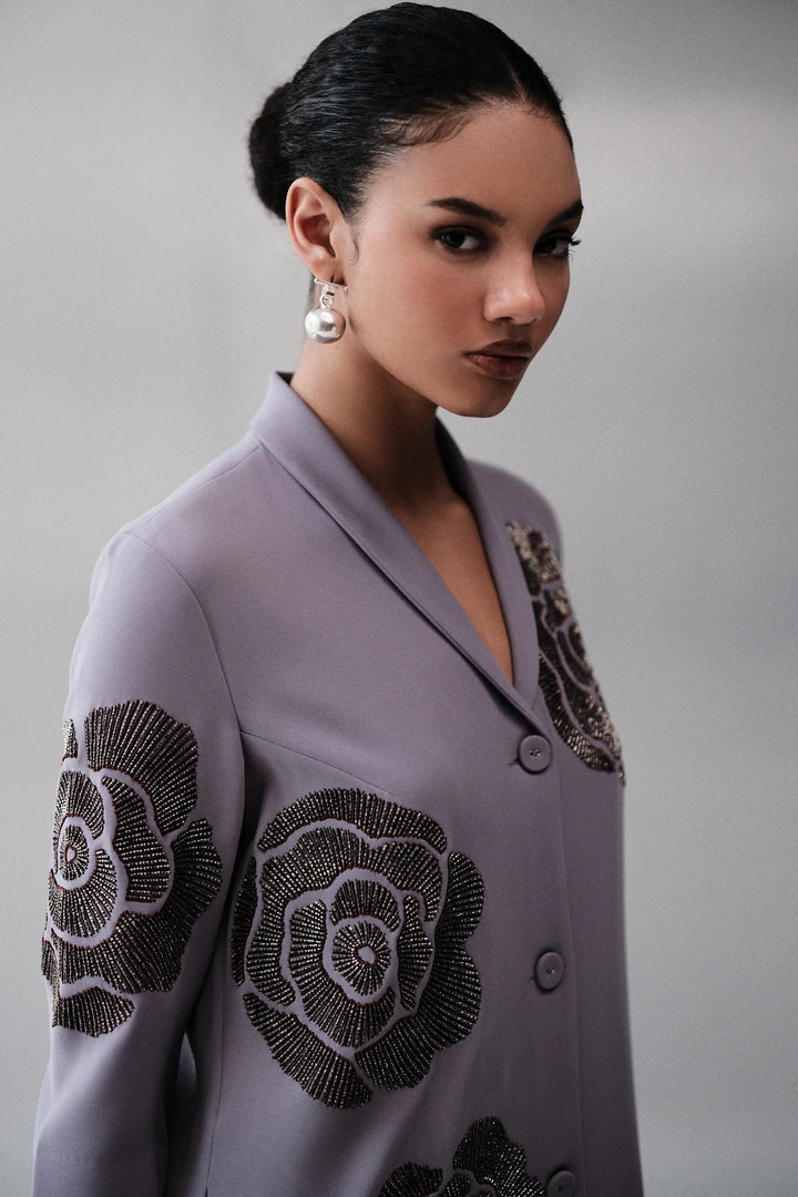 GEOMETRIC ROSES SHAWL COLLAR DRESS