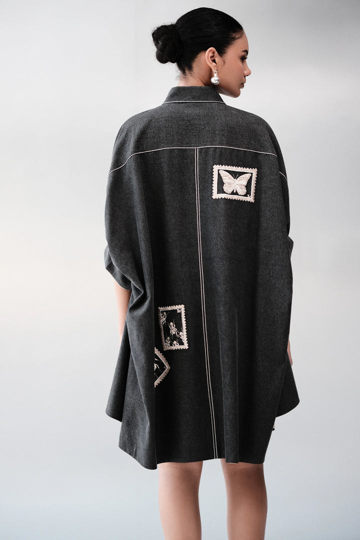 BUG STAMP GATHERED SLEEVE DRESS