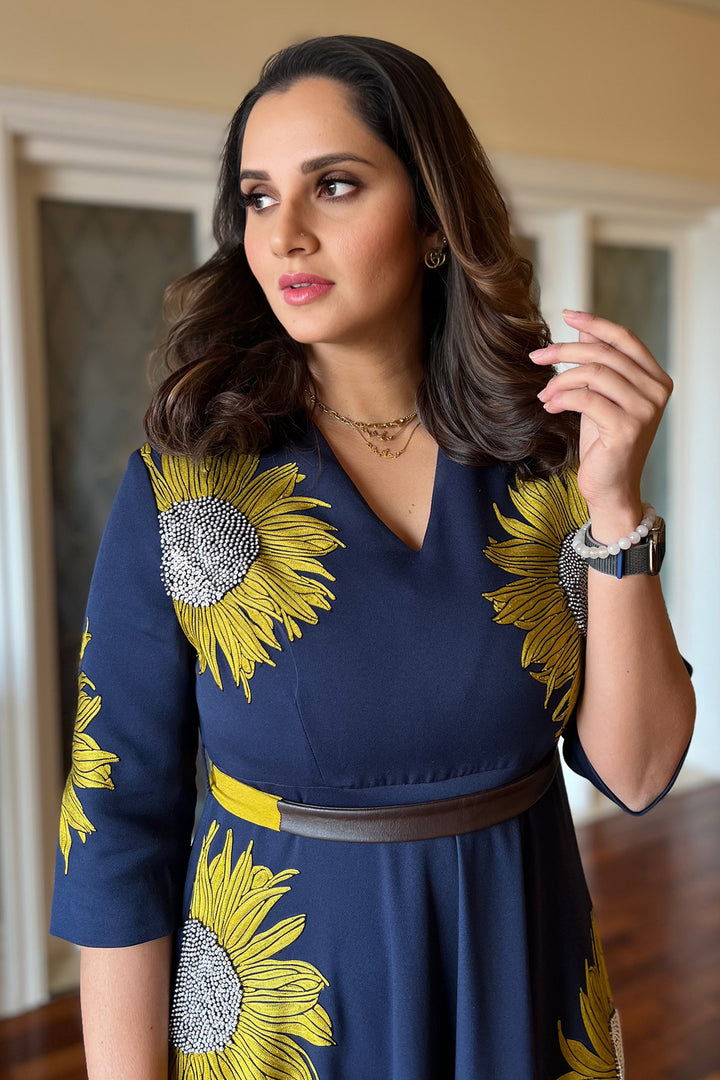 Sania Mirza In Sunflower Circular Midi Dress With Belt