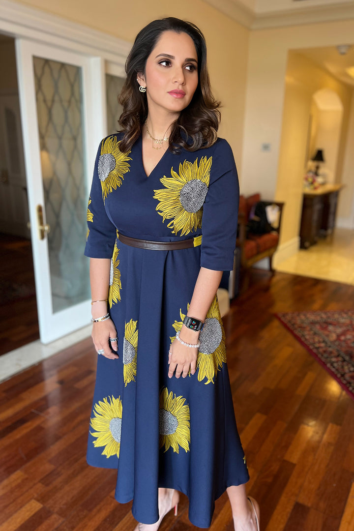 Sania Mirza In Sunflower Circular Midi Dress With Belt
