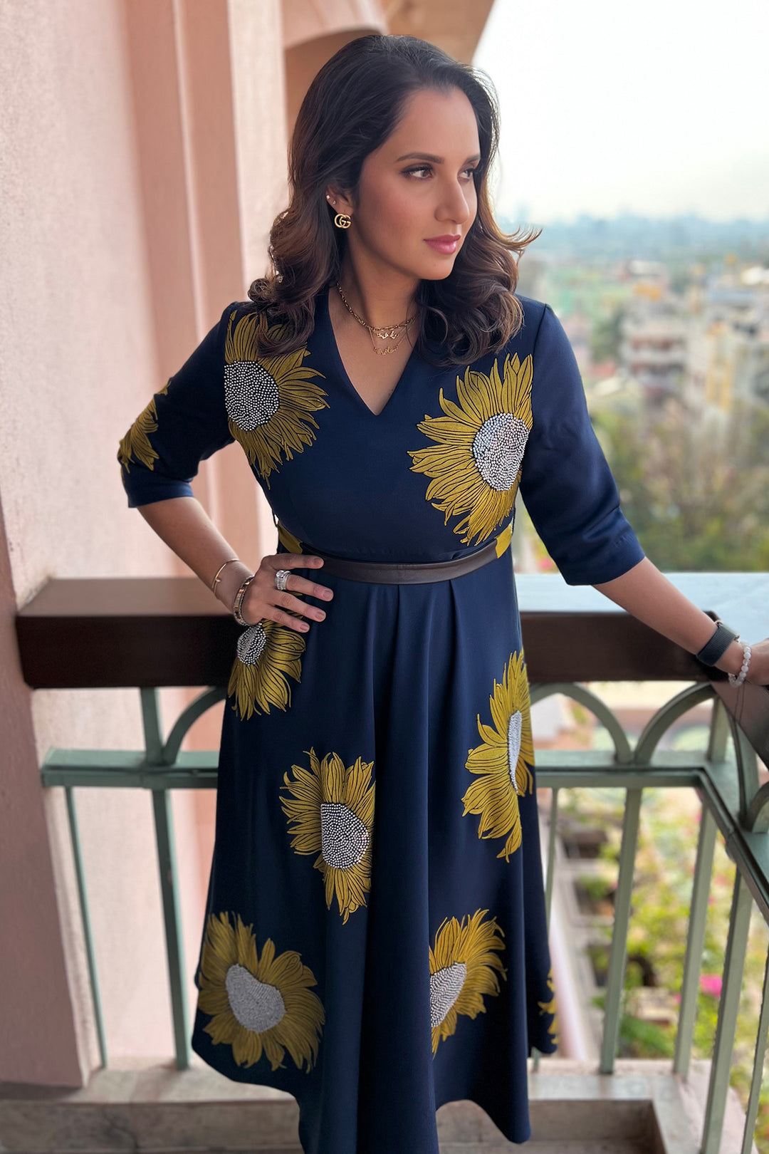 Sania Mirza In Sunflower Circular Midi Dress With Belt