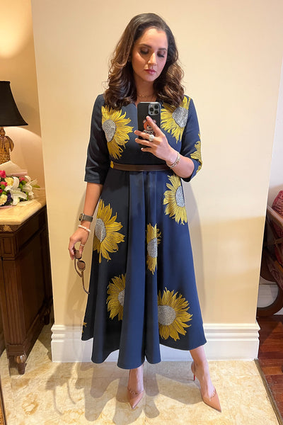 Sania Mirza In Sunflower Circular Midi Dress With Belt