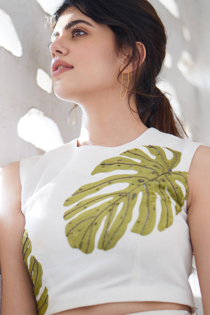 Sanjana Sanghi In Monstera Leaf Crop Top &amp; Skirt