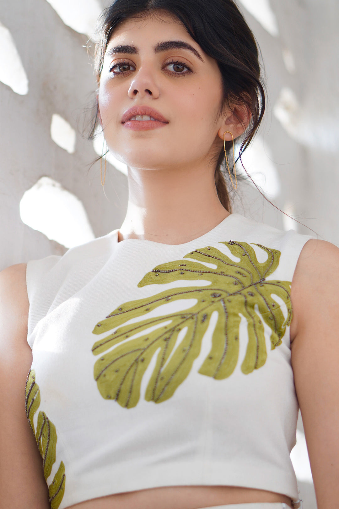 Sanjana Sanghi In Monstera Leaf Crop Top &amp; Skirt
