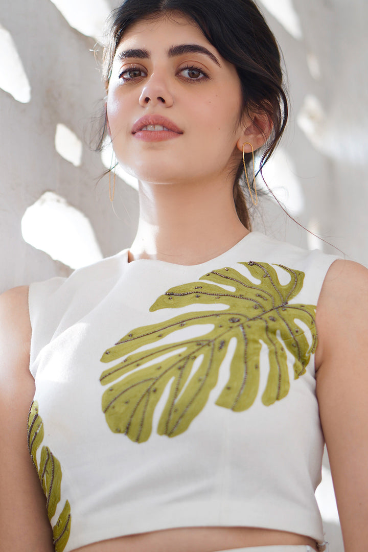 Sanjana Sanghi In Monstera Leaf Crop Top &amp; Skirt