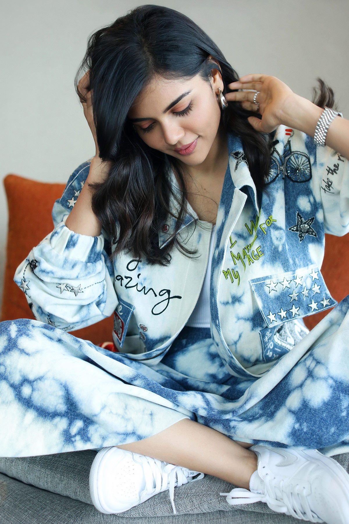 Kalyani Priyadarshan In Happiness In Rainbow Oversized Denim Jacket With Corset And Skirt