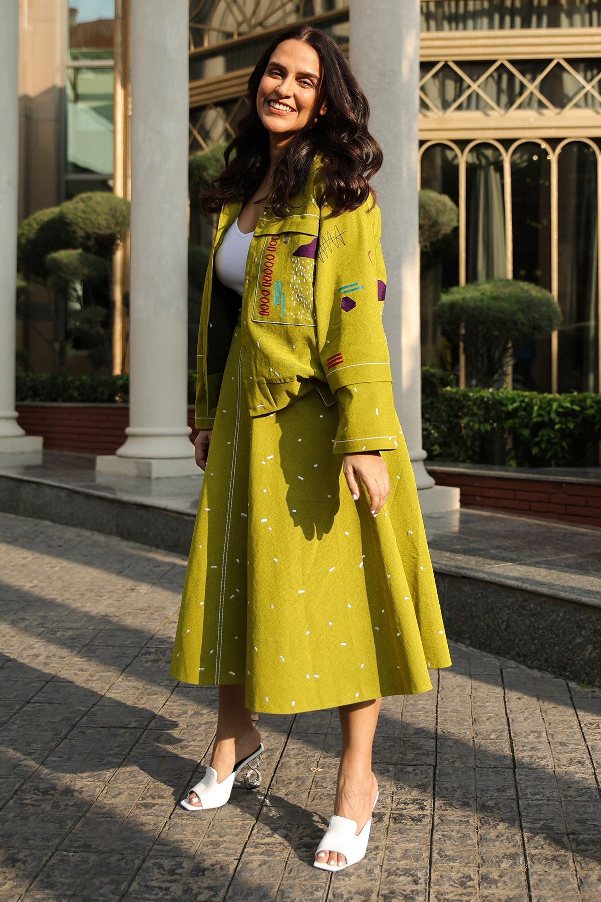 Neha Dhupia In Abstract Shapes And Ostrich Jacket With Circular Skirt And Corset