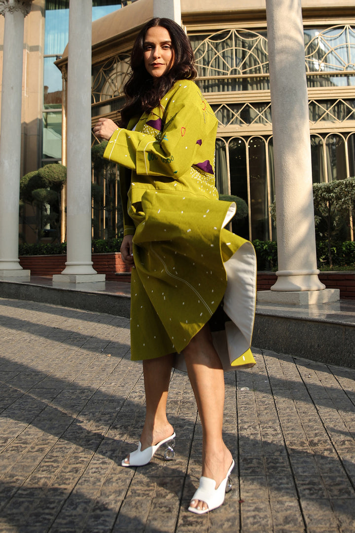 Neha Dhupia In Abstract Shapes And Ostrich Jacket With Circular Skirt And Corset