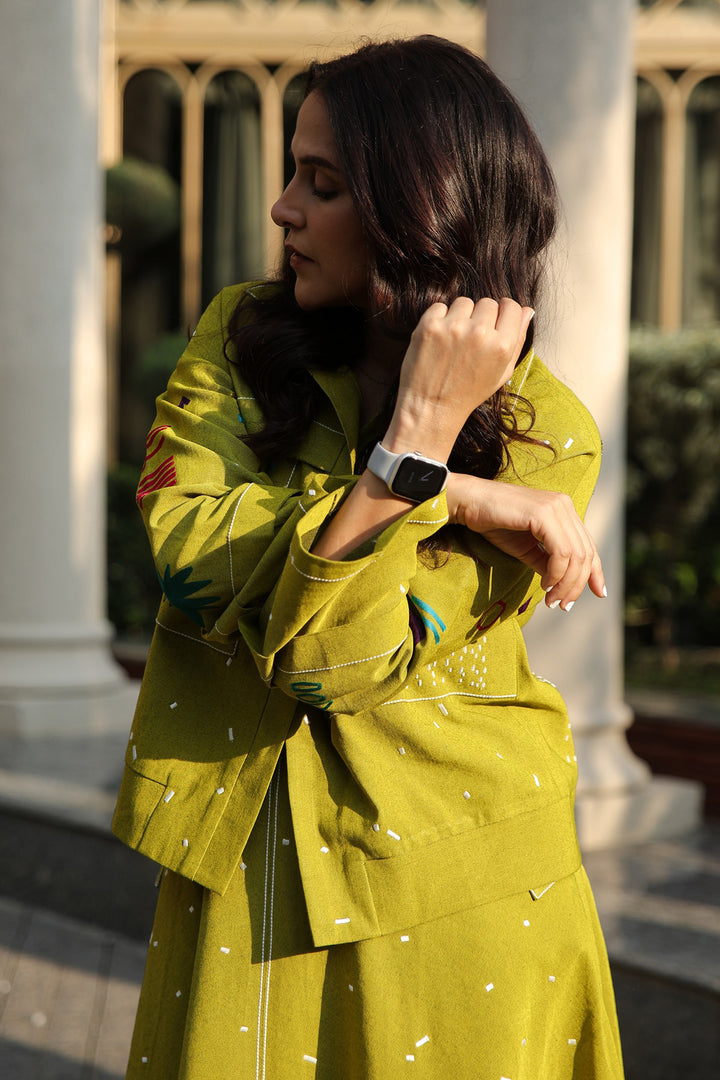 Neha Dhupia In Abstract Shapes And Ostrich Jacket With Circular Skirt And Corset
