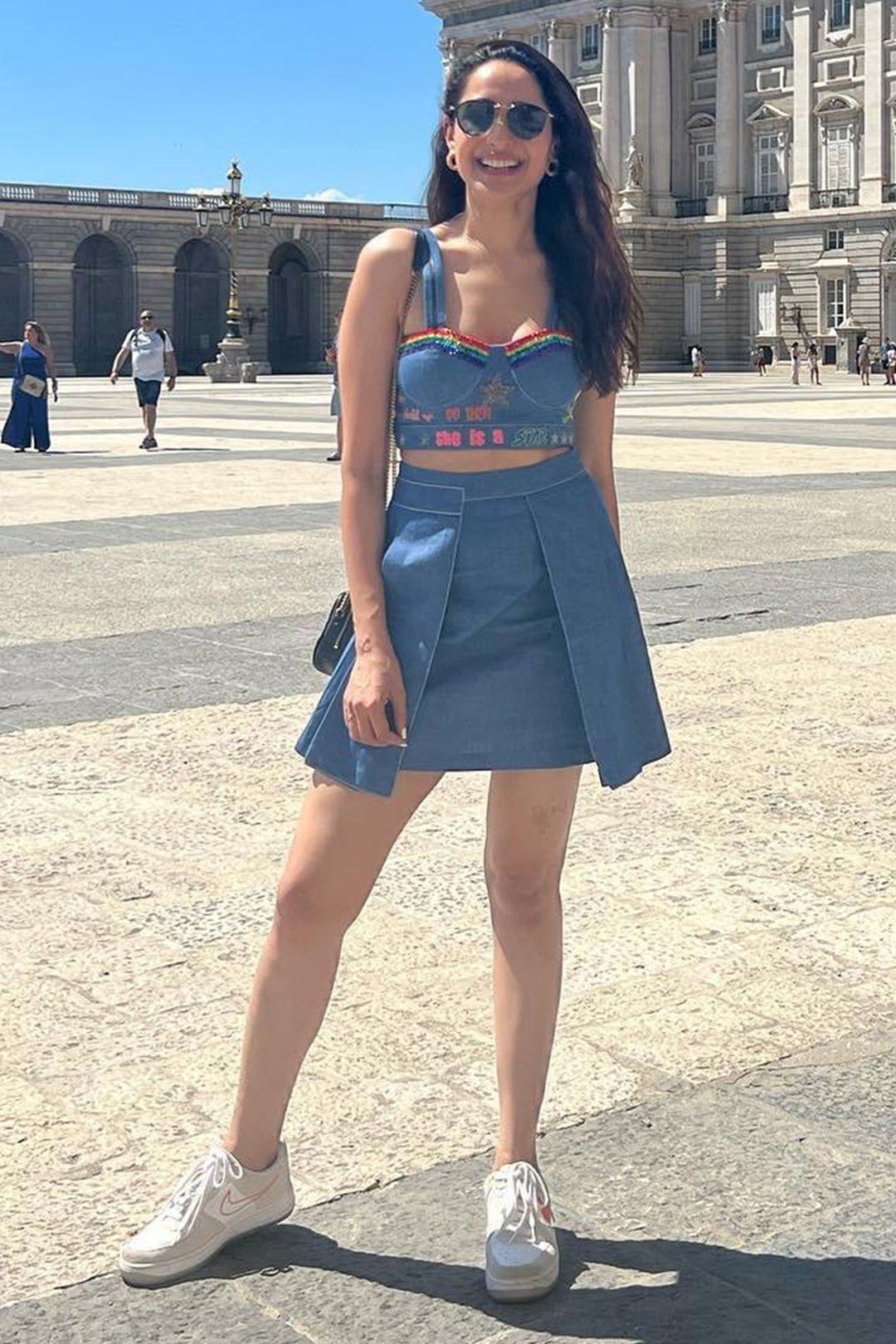 Pragya Jaiswal In Star Corset Crop Top With Front Pleat Mini Skirt