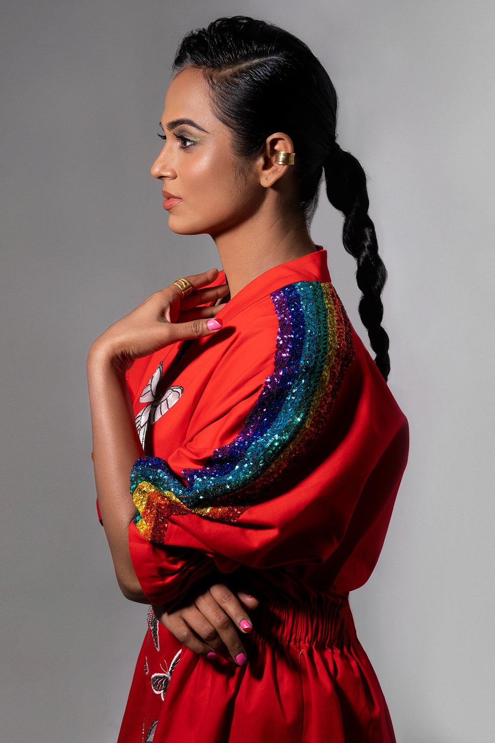 Ramya Pandiyan In Rainbow Butterfly Jacket Dress
