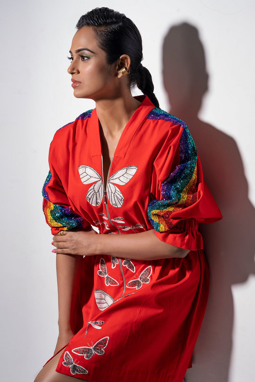 Ramya Pandiyan In Rainbow Butterfly Jacket Dress