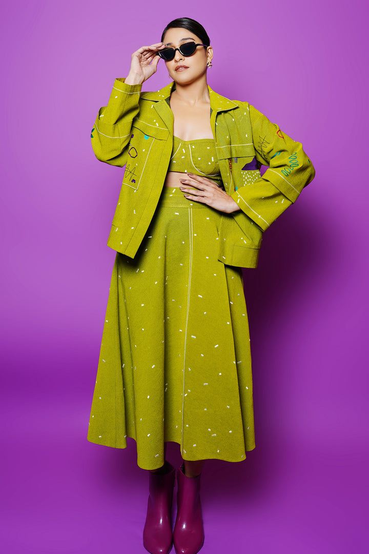 Regina Cassandra In Abstract Shapes And Ostrich Jacket With Circular Skirt And Corset